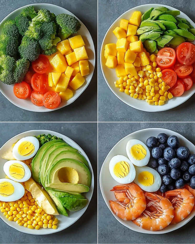 Four colorful and healthy dishes showcasing vibrant ingredients.