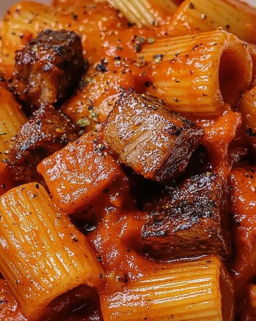 Delicious plate of Amatriciana pasta with tomato sauce and guanciale.