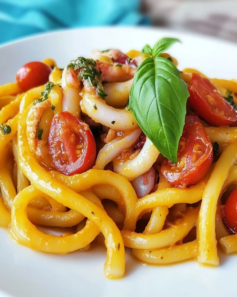 Plate of busiate con calamaro e capperi featuring calamari and capers