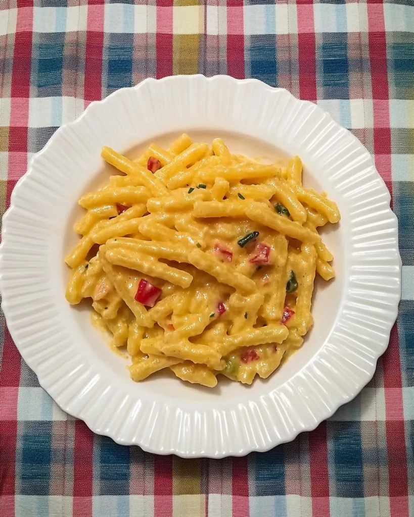 Casarecce pasta served with zucchini, speck, béchamel, and cherry tomatoes
