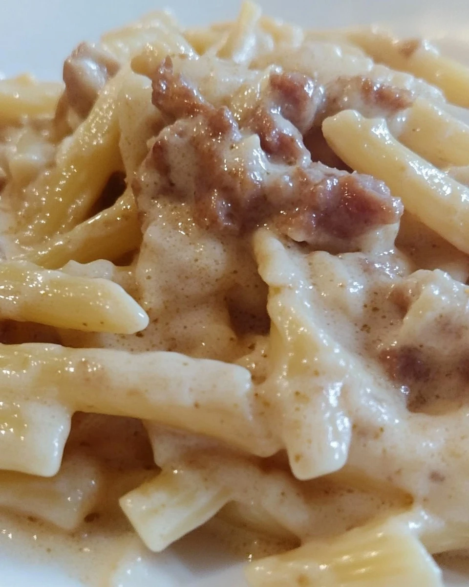 Caserecce pasta with speck, walnuts, and creamy besciamella sauce
