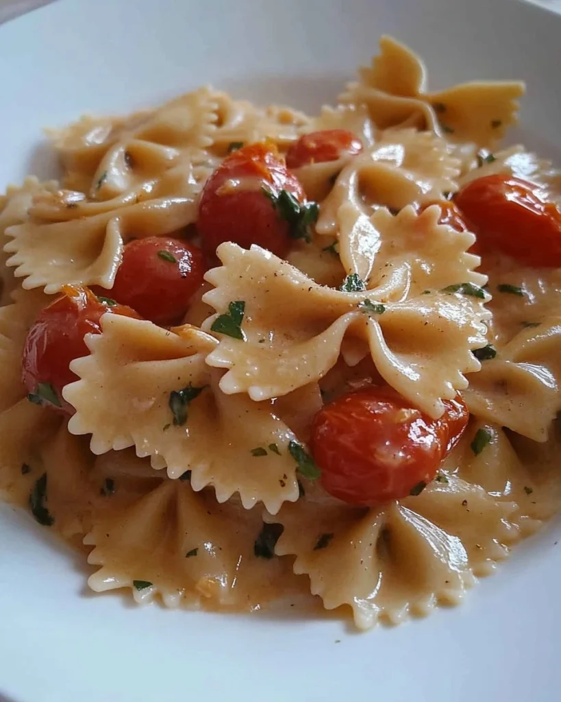 A bowl of farfalle al salmone with salmon and creamy sauce