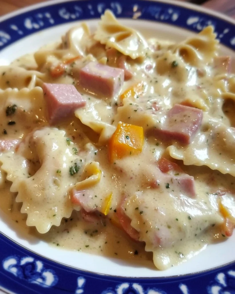 Plate of farfalle pasta with zucchini flowers and pancetta