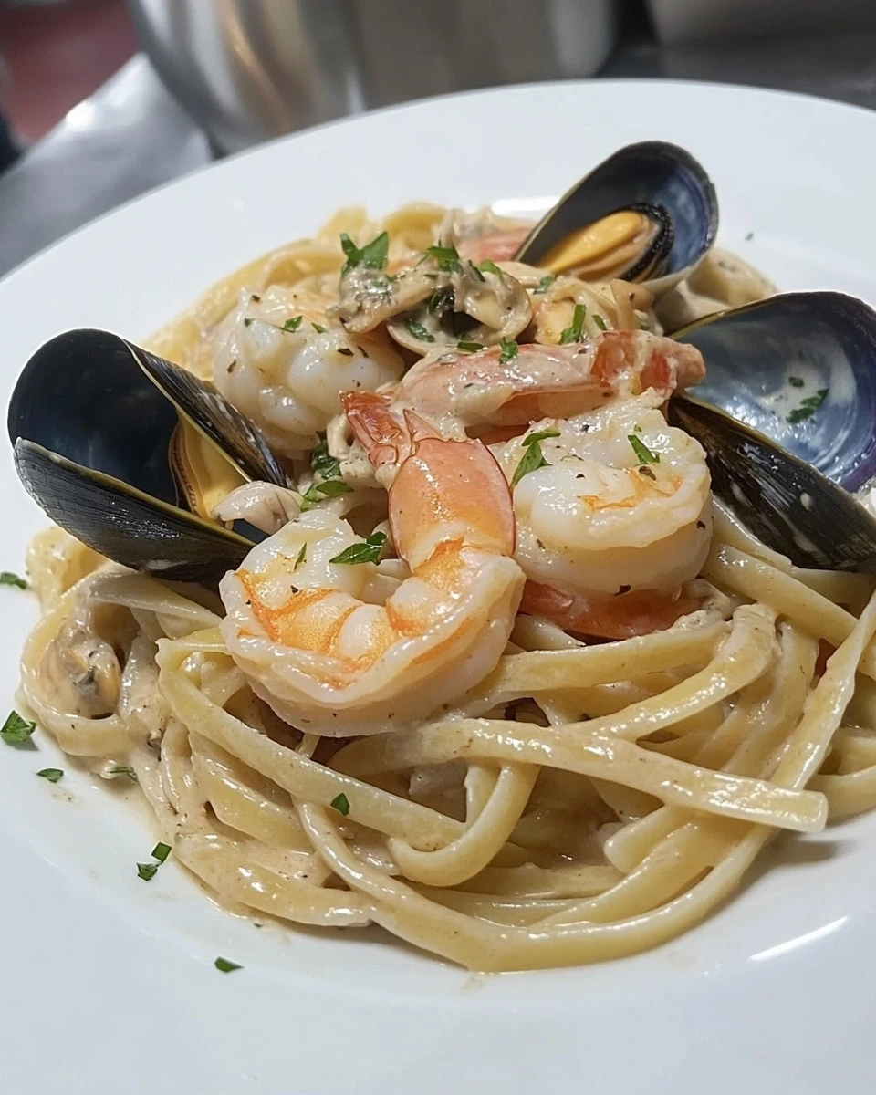 Fettucce pasta with cherry tomatoes, shrimp, mussels, and clams