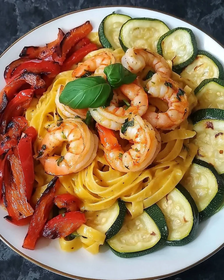 Delicious fettuccine with shrimp and zucchini on a plate