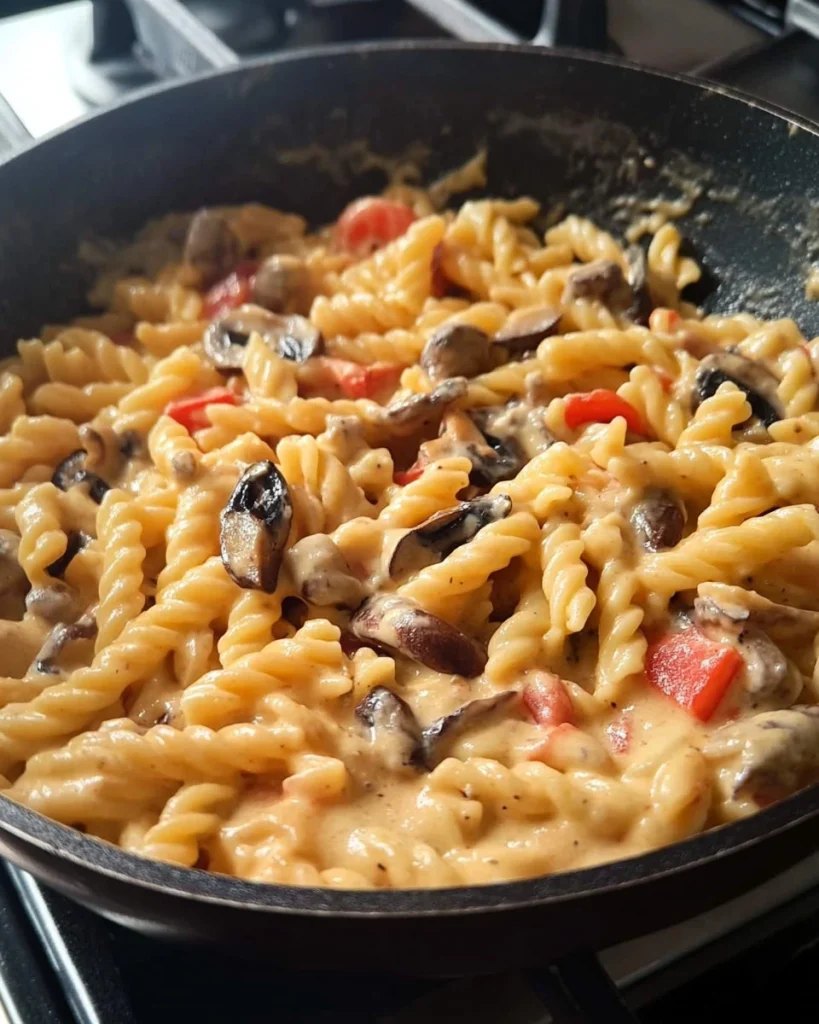 Plate of Fusilli con peperoni e melanzane with colorful peppers and eggplant