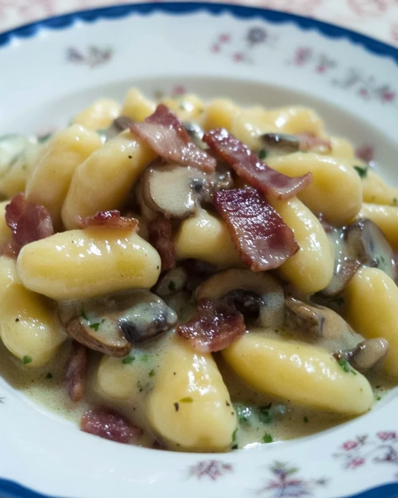 Fresh gnocchi with mushrooms, zucchini, and pancetta on a plate