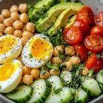 Delicious insalata di avocado with eggs, chickpeas, lemon, and herbs