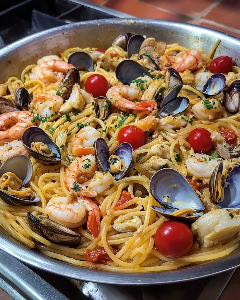 Plate of linguine allo scoglio with seafood and herbs