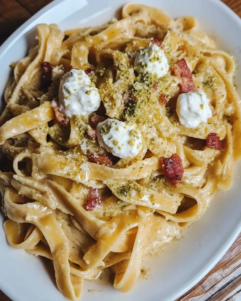 Linguine pesto with pistachio, buffalo mozzarella, and pancetta dish