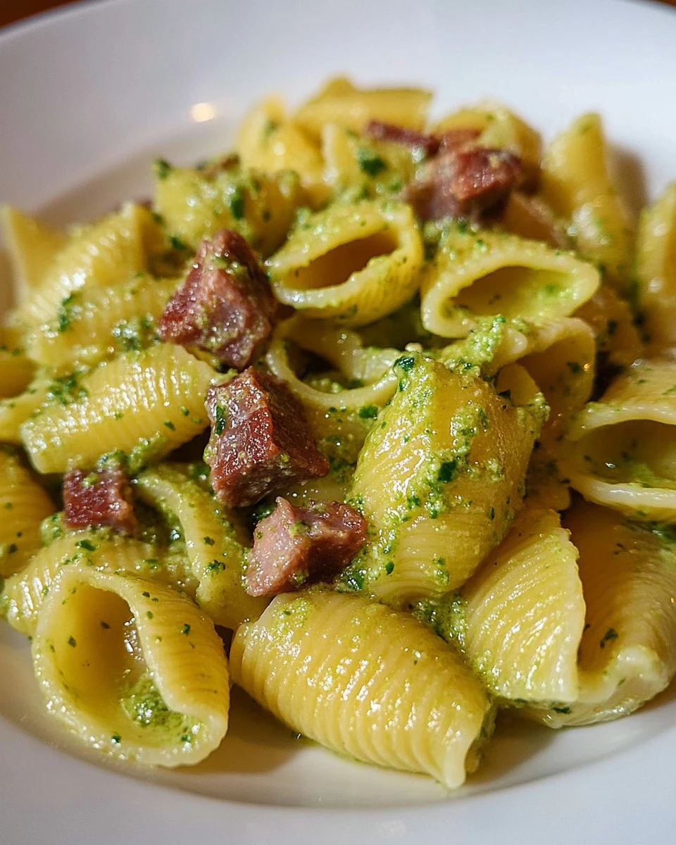 A plate of Pasta con zucchine e speck garnished with fresh herbs