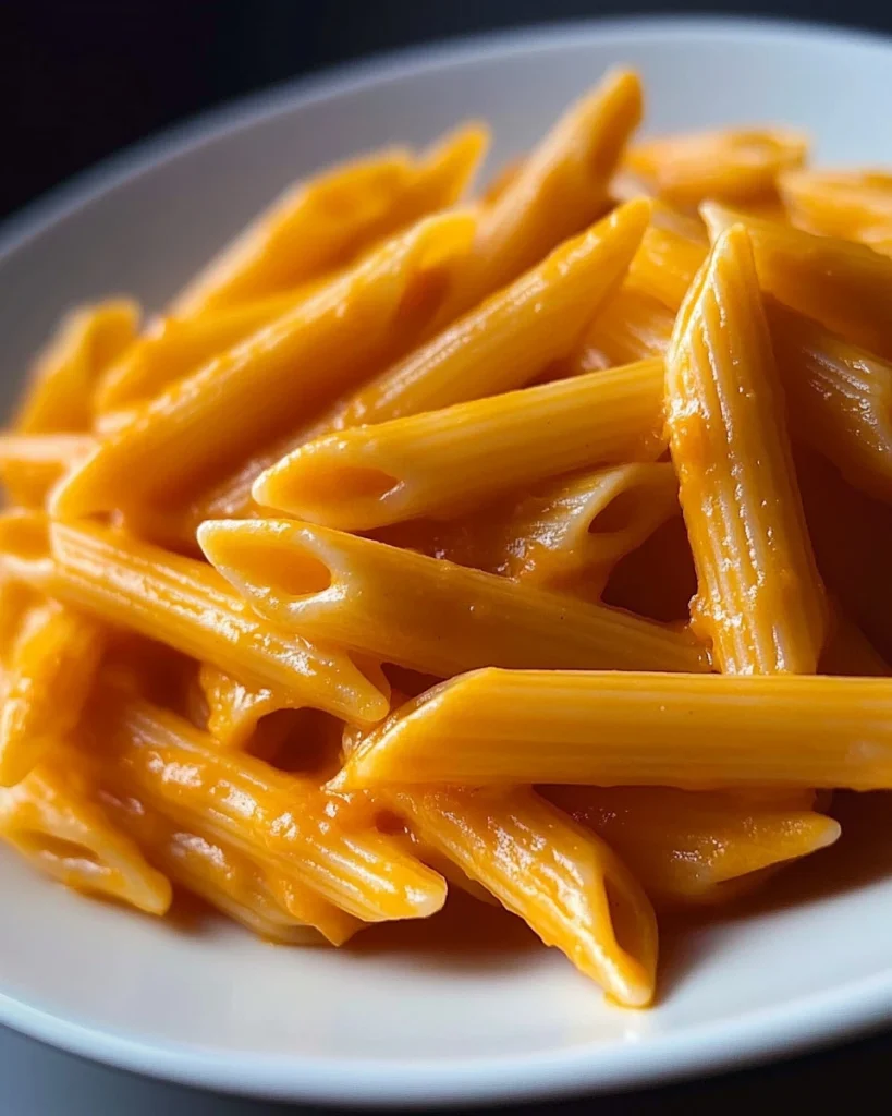 Plate of Penne alla Vodka garnished with fresh basil and parmesan cheese