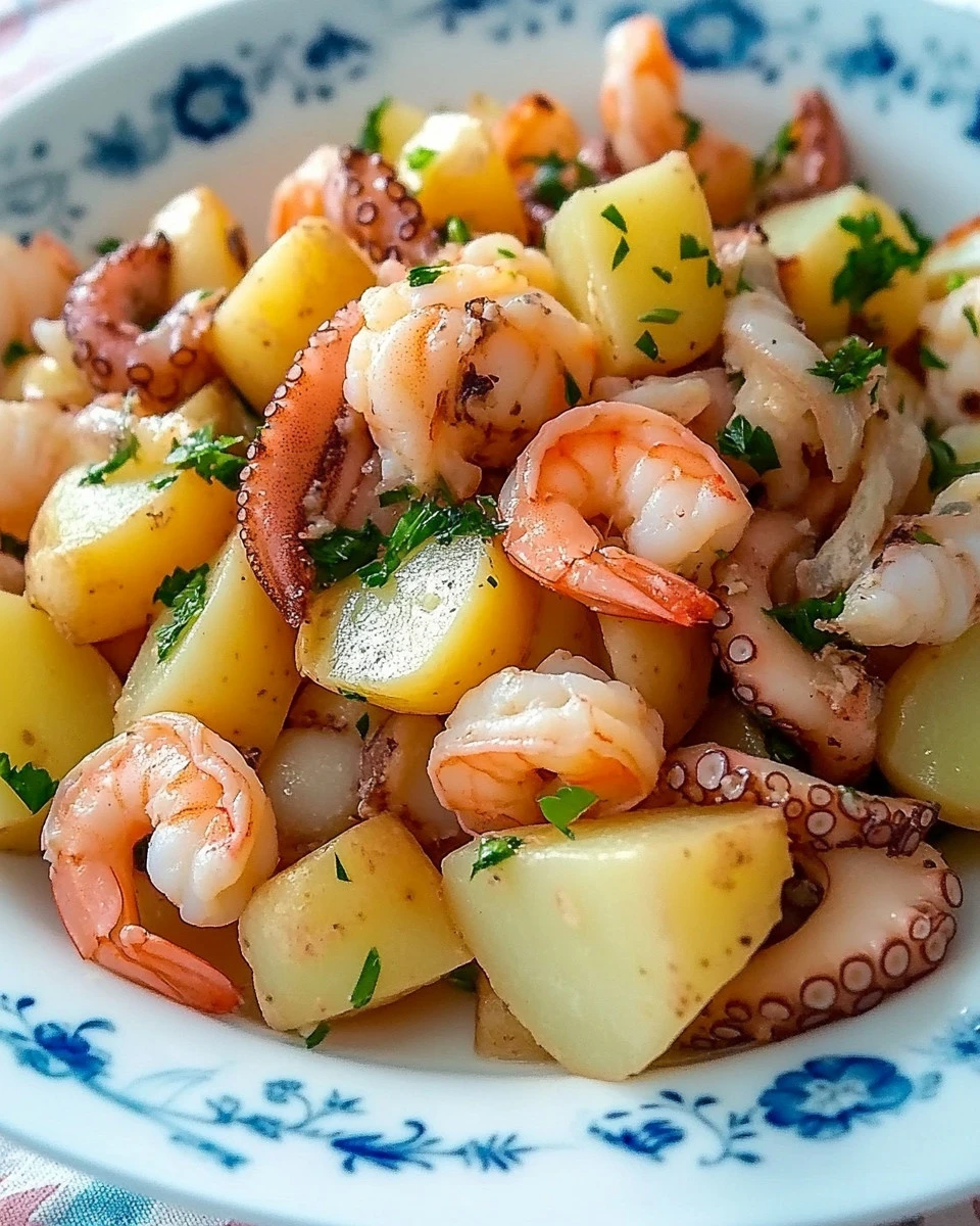 Delicious Polipo all'insalata with shrimp and potatoes served in a bowl