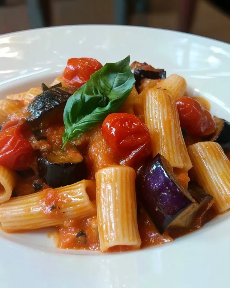 Delicious rigatoni con melanzane e pomodorini topped with fresh herbs