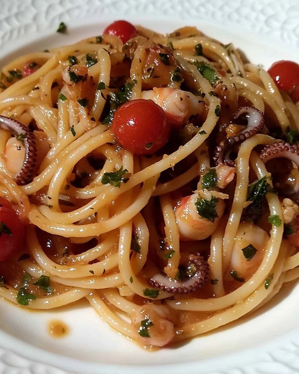 Plate of spaghetti al sugo di seppioline e pomodorini with cherry tomatoes