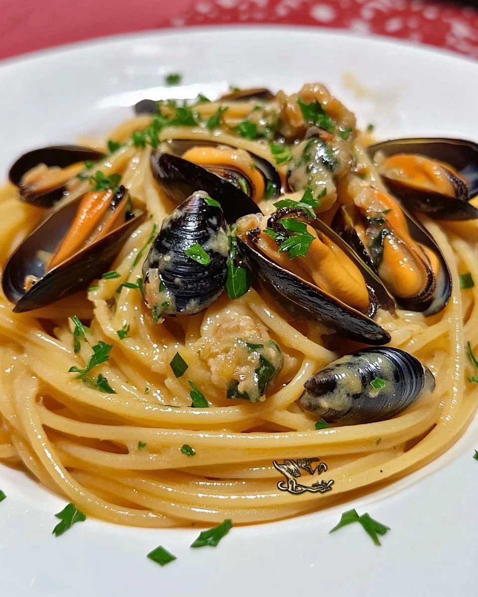 Plate of spaghetti con le cozze with mussels and garlic sauce