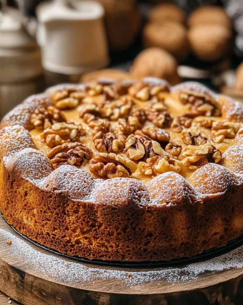 Delicious Torta Morbida alle Noci displayed on a rustic wooden table