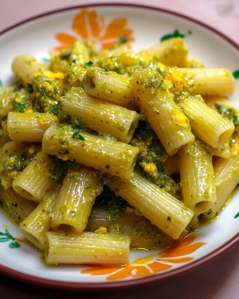 Plate of Tortiglioni alla Carbonara with wild asparagus and sausage