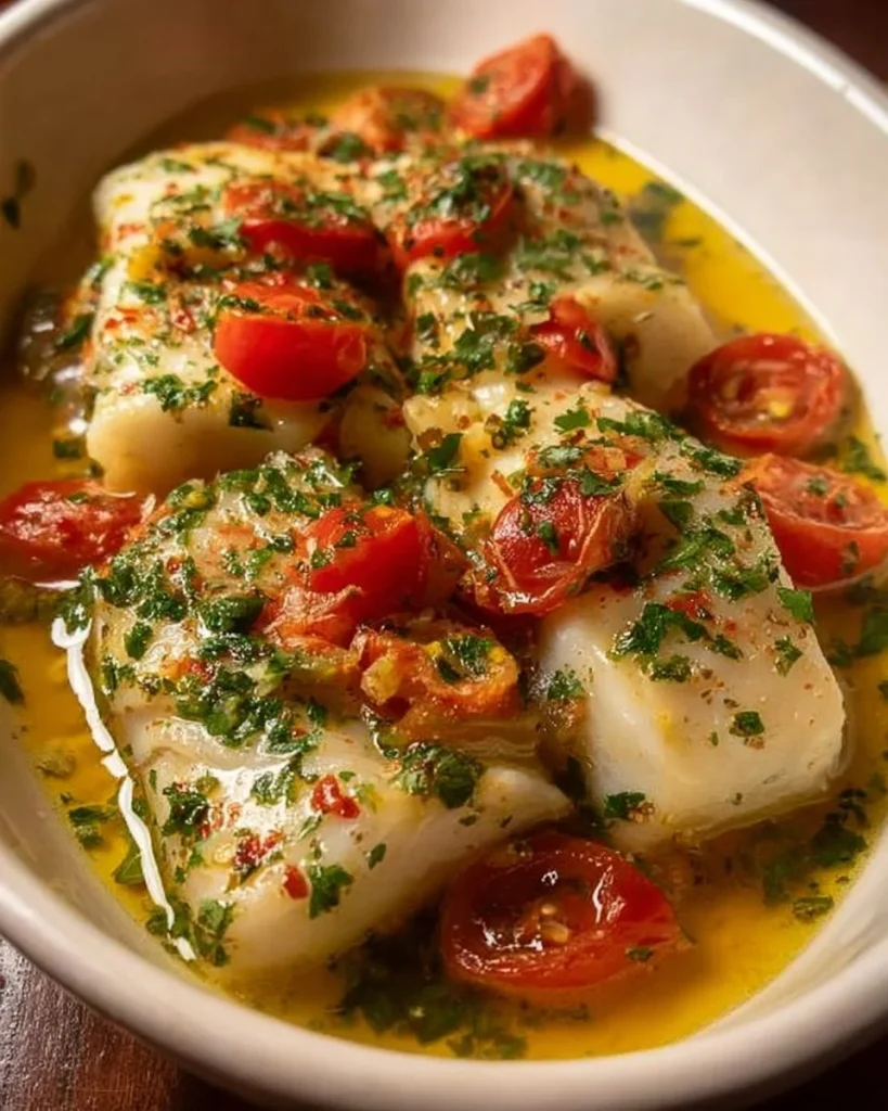 Baccalà con patate, pomodorini e cipolle servito in un piatto