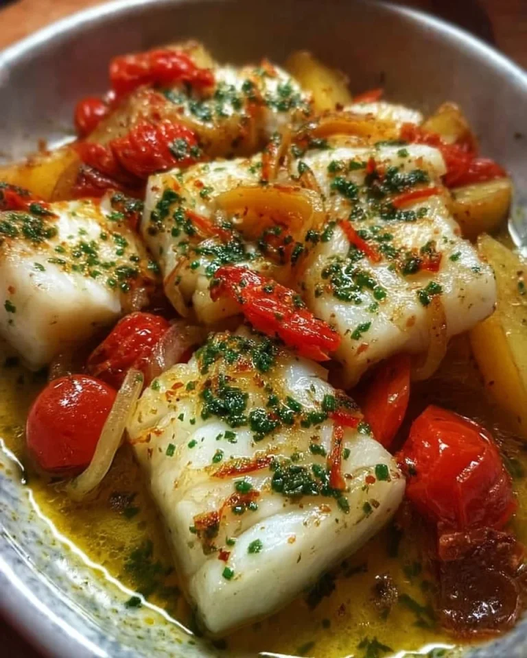 Piatto di baccalà con patate, pomodorini e cipolle, ricetta tradizionale italiana