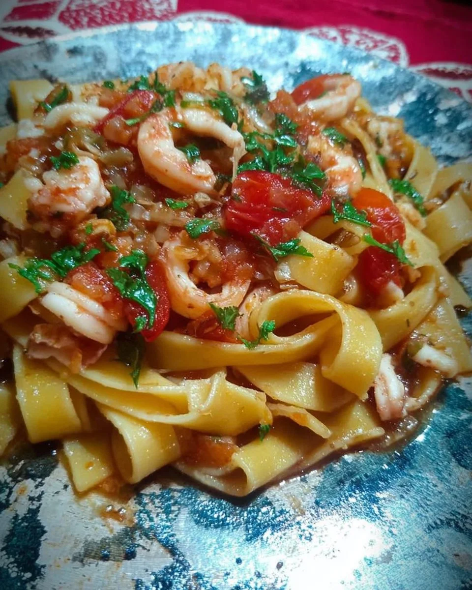 Piatto di calamarata servito con salsa di pomodoro e calamari