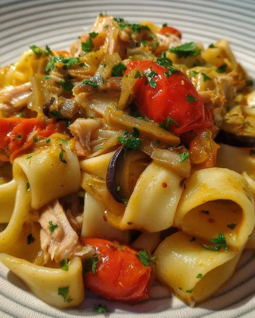 Calamarata con tonno fresco, melanzane e pomodorini, piatto di pasta italiano
