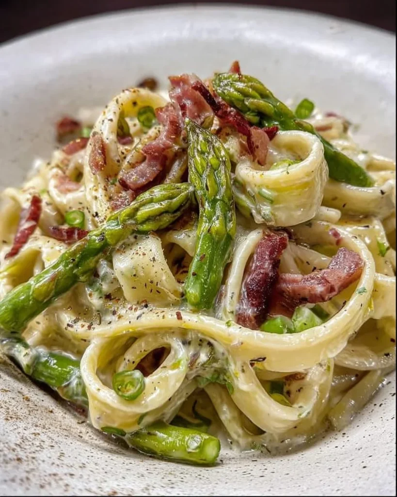 Piatto di Calamarata Cremosa agli Asparagi e Pancetta servito in un piatto elegante