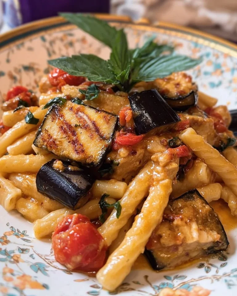 Caserecce con pesce spada, pomodorini e melanzane fritte