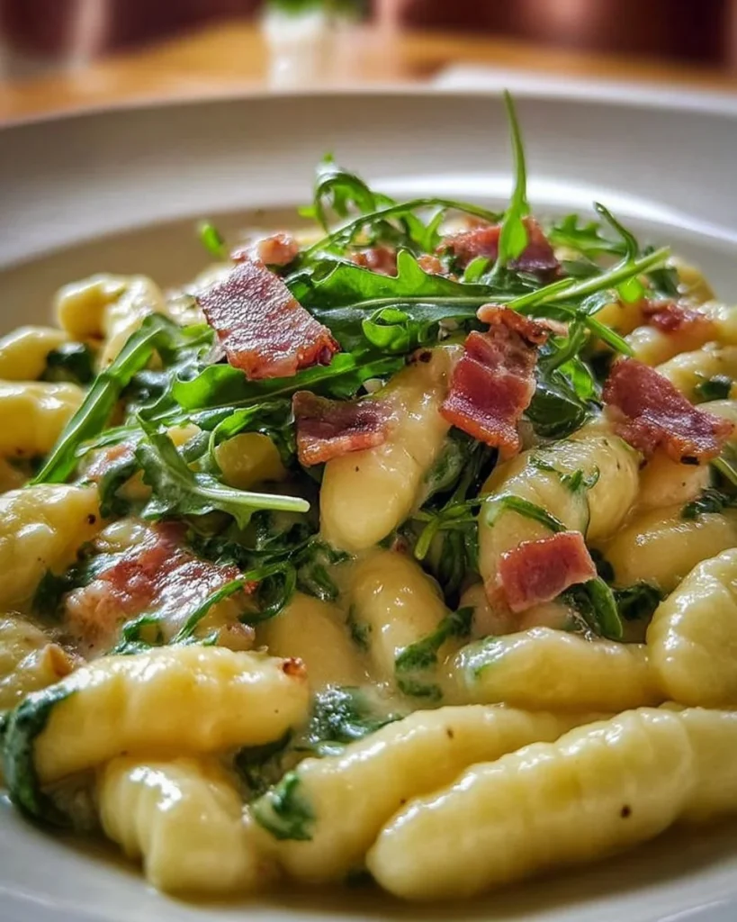 Cavatelli con Speck, Rucola e Crema di Patate serviti in un piatto elegante