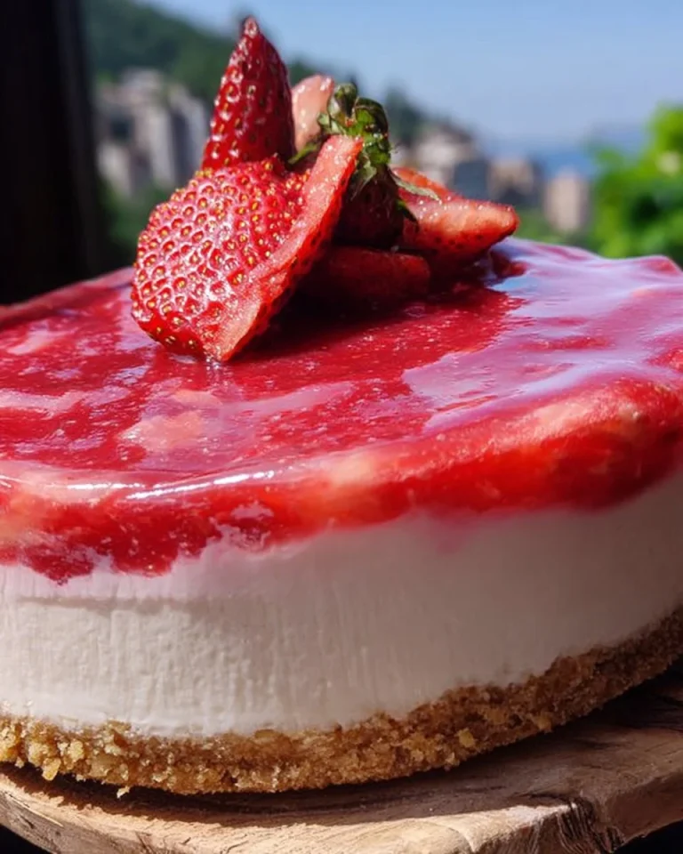 Cheesecake alle fragole decorato con fresche fragole e crema.