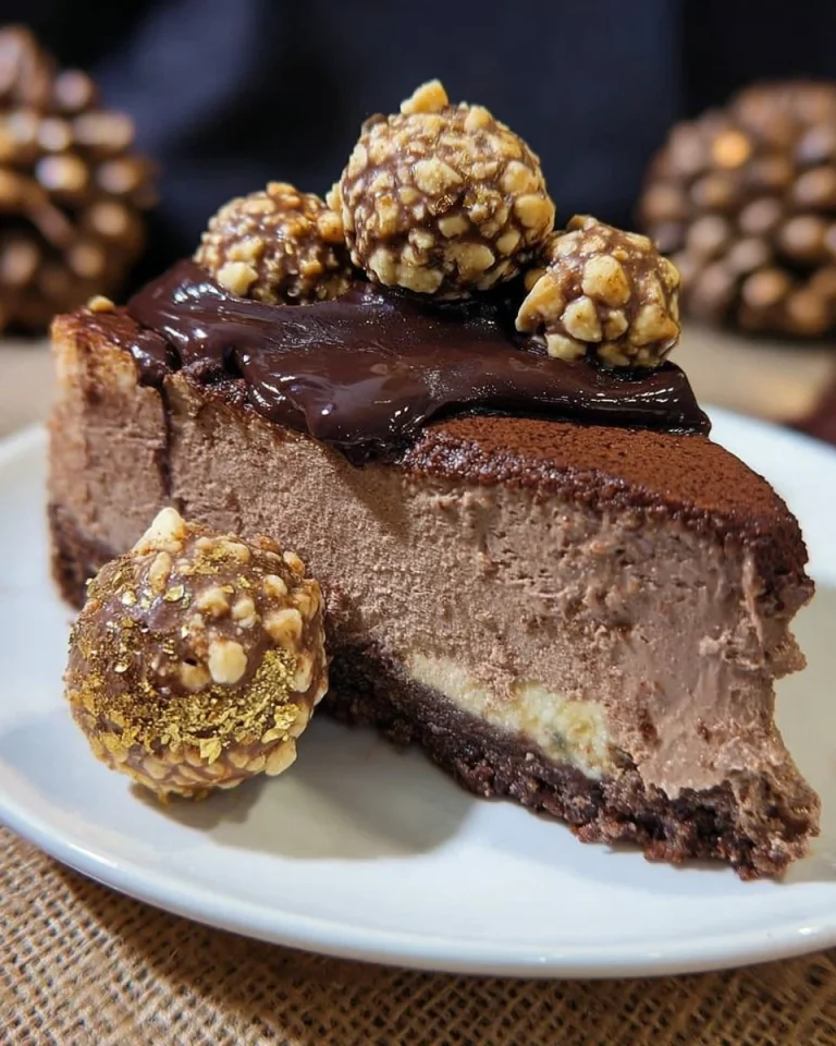 Cheesecake Ferrero Rocher decorato con cioccolato e nocciole.
