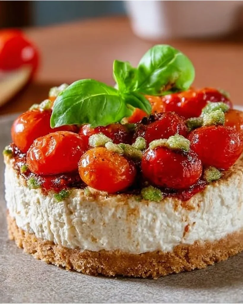 Cheesecake salata caprese con pomodori e mozzarella, un piatto delizioso e fresco