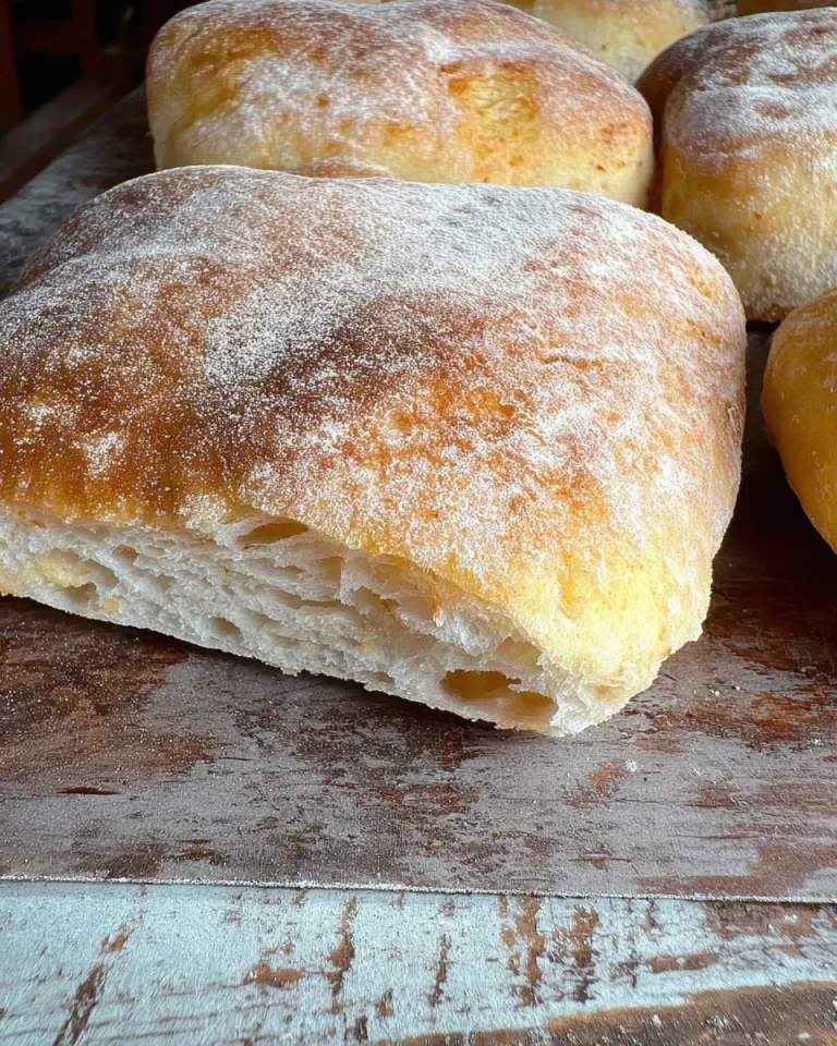 Ciabattine fatte in casa appena sfornate su un tavolo di legno