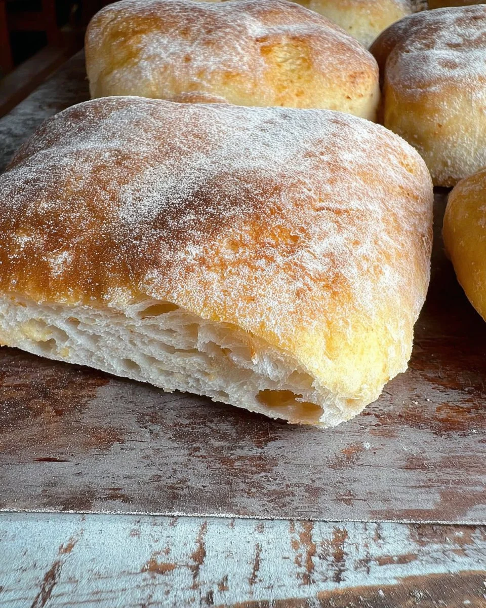 Ciabattine fatte in casa appena sfornate su un tavolo di legno