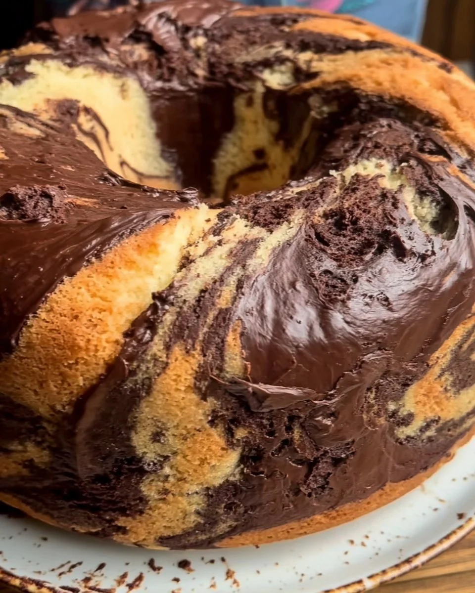 Ciambellone marmorizzato appena sfornato con striature di cioccolato e vaniglia