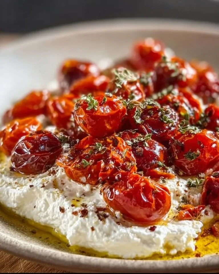 Crema di feta con pomodorini arrostiti servita in un piatto
