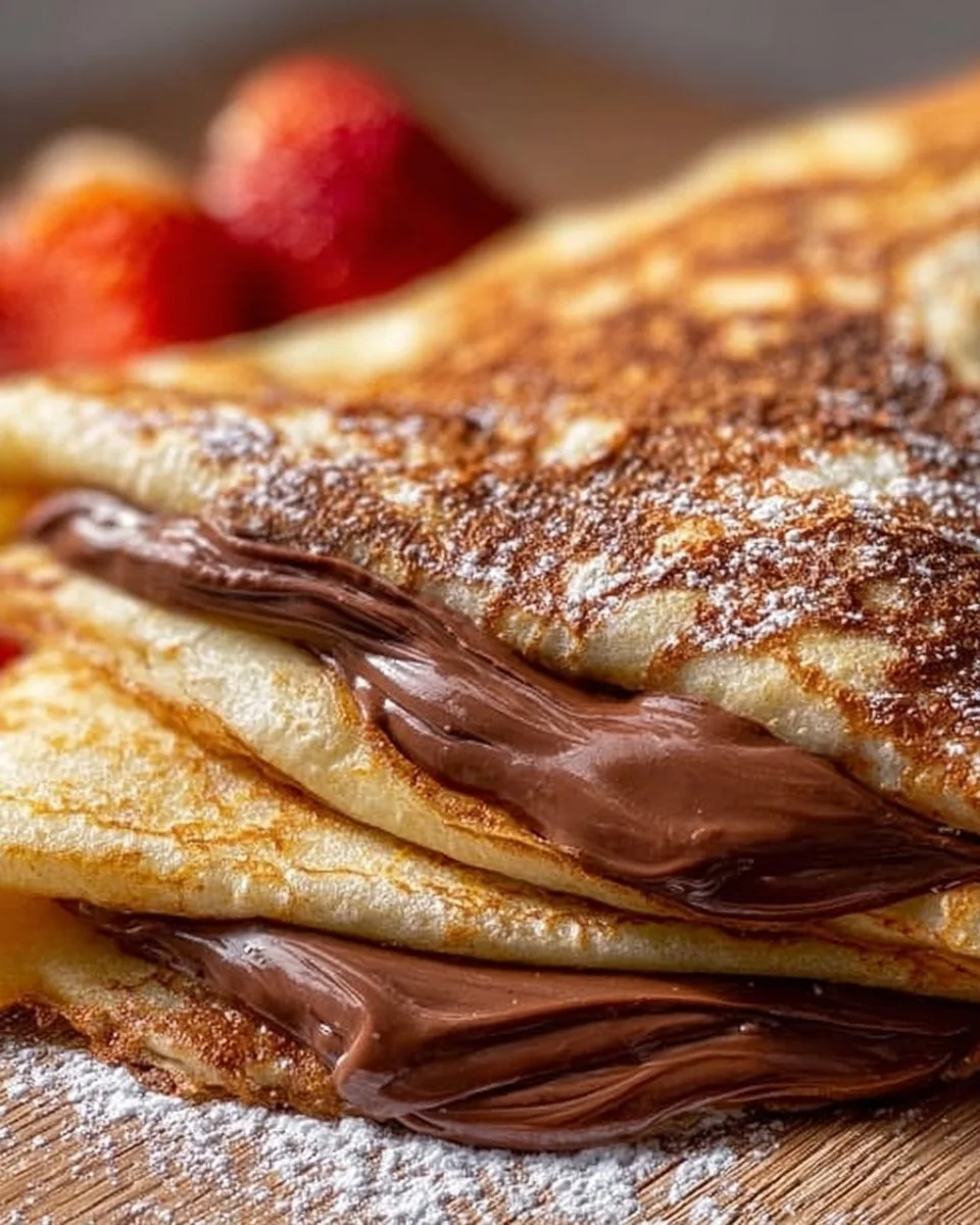 Crepes alla Nutella servite con topping di nocciole e zucchero a velo
