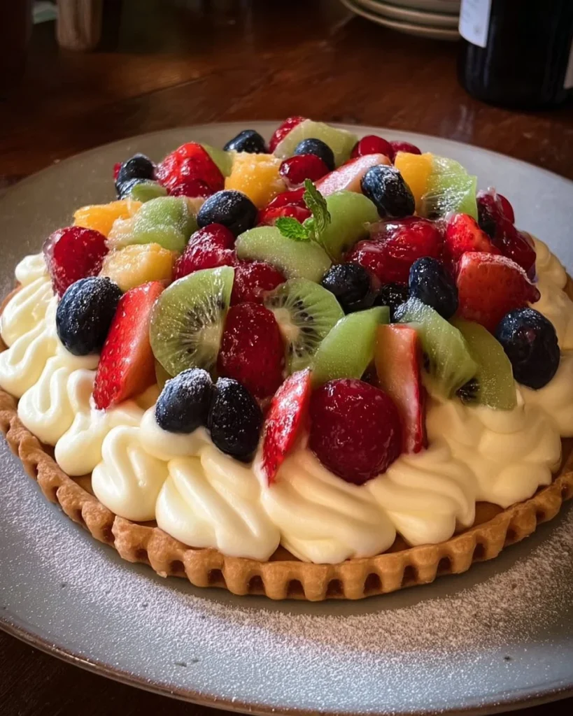 Crostata con crema Chantilly e frutta fresca su un tavolo decorato