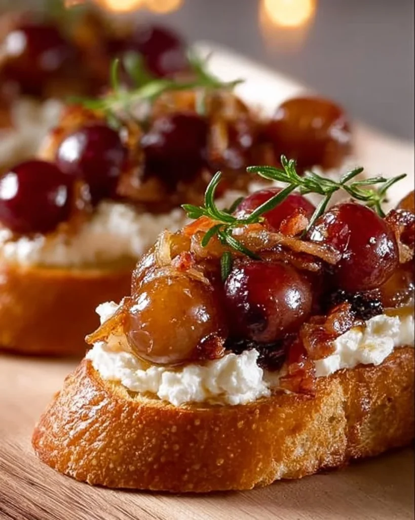 Crostini con uva caramellata, speck e stracciatella su un piatto elegante.