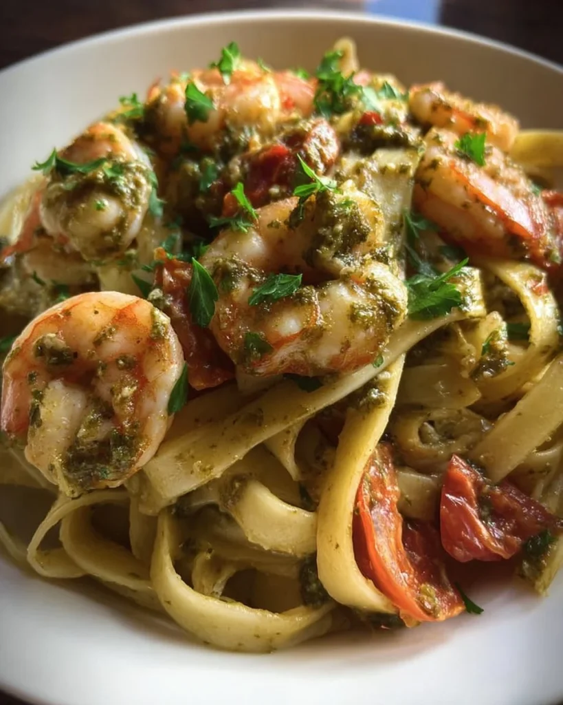 Fettuccine gamberetti con pesto e pomodoro fresco, piatto gourmet italiano.