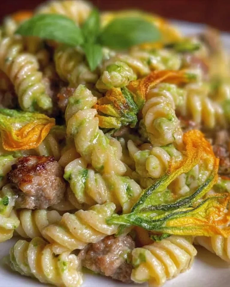 Fusilli con fiori di zucca, zucchine e salsiccia, piatto gustoso e invitante