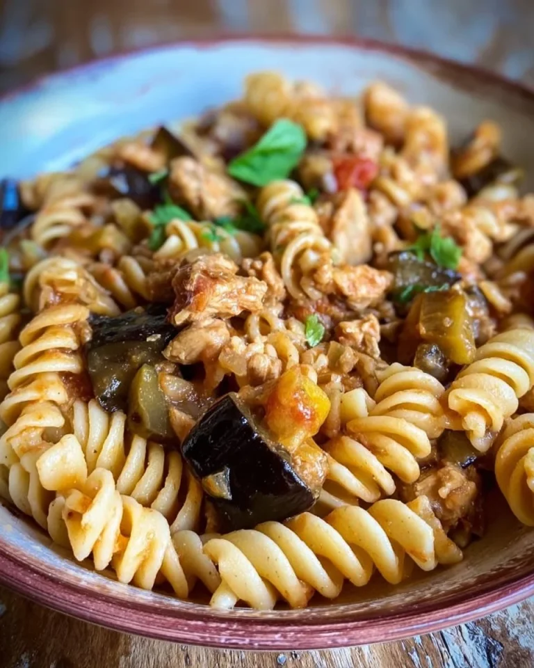 Fusilli con pesce spada e melanzane in un piatto gustoso