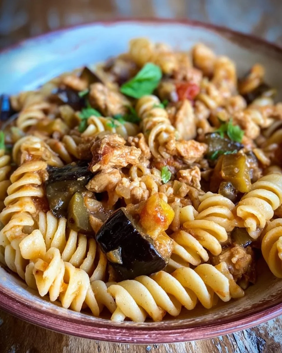 Fusilli con pesce spada e melanzane in un piatto gustoso