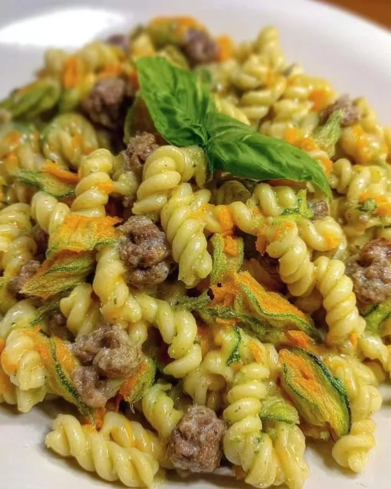 Fusilli con fiori di zucchina, zucchine e salsiccia in un piatto colorato