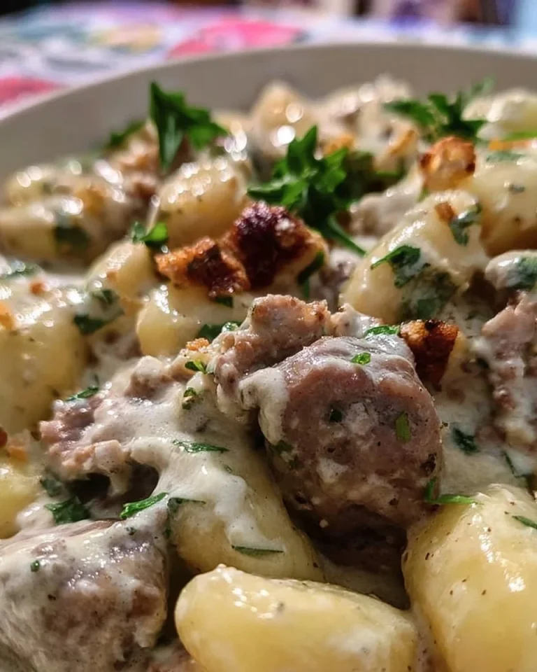 Gnocchi con salsiccia, porcini, gorgonzola e mascarpone in un piatto appetitoso.