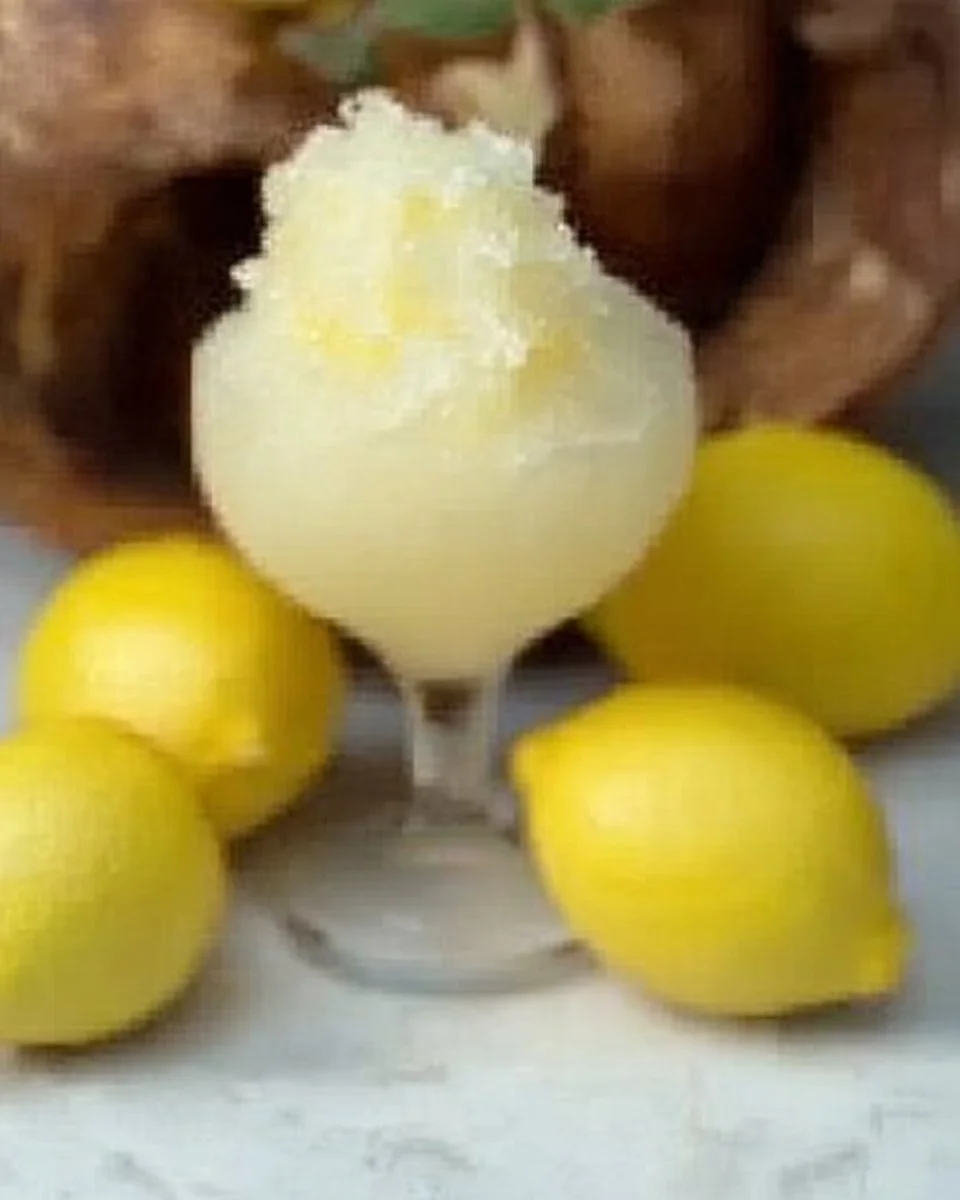 Granita al Limone servita in un bicchiere con limoni freschi