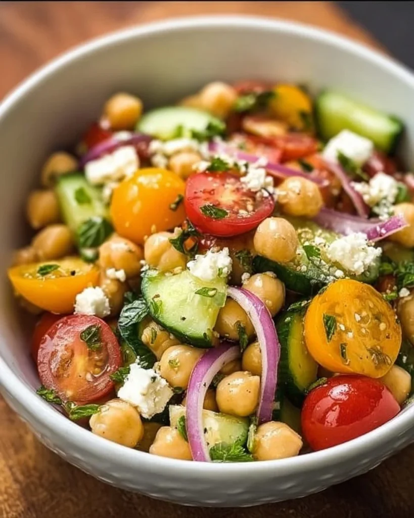 Insalata di ceci estiva con verdure fresche e olive.