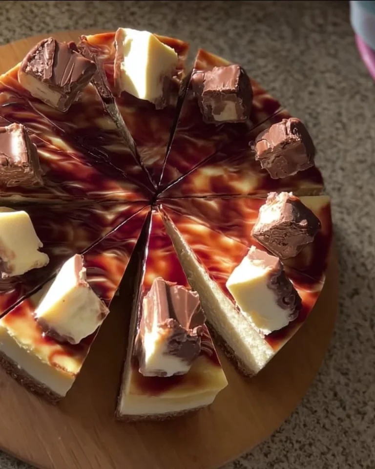 Torta cheesecake Kinder con crema al cioccolato e biscotti.