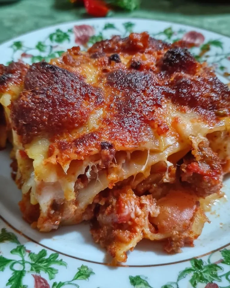Deliziosa lasagna ricca con strati di pasta, carne e formaggio