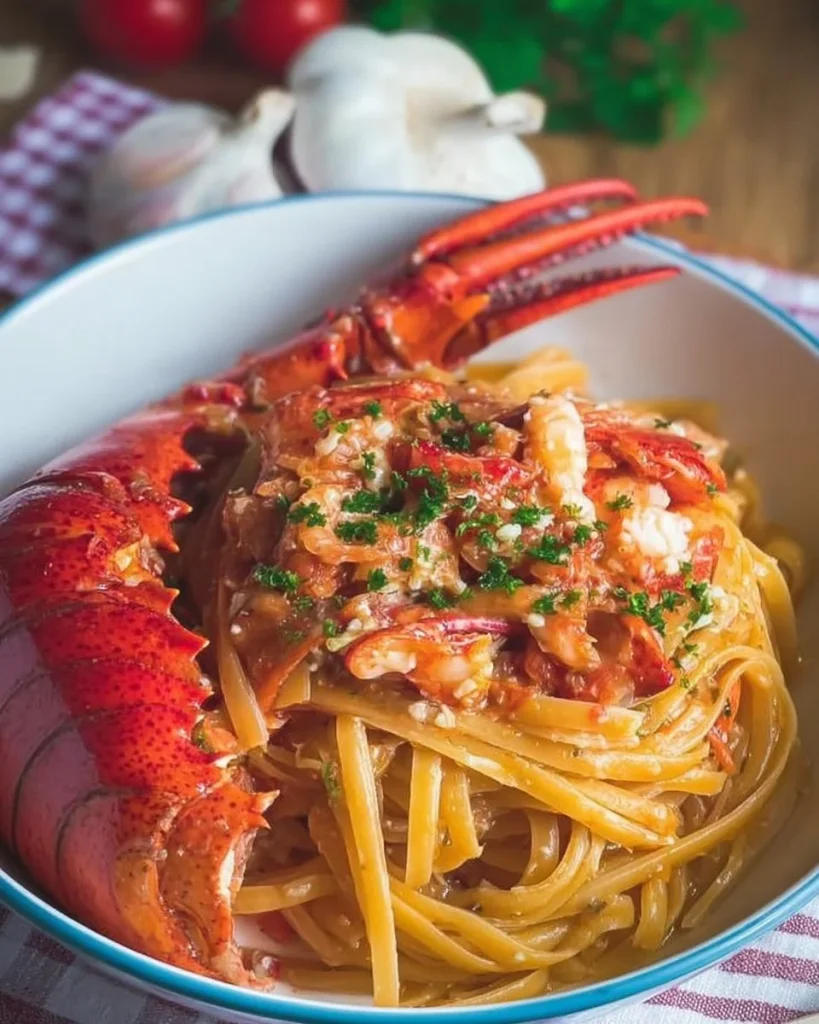Piatto di linguine all'astice con sugo di pomodoro fresco e erbe aromatiche.